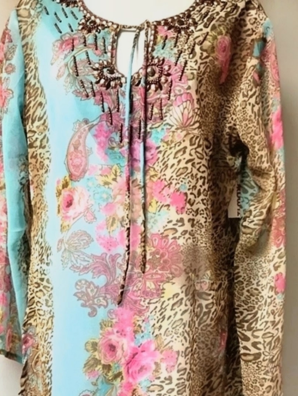 Chaudry KC Blouse Tunic Top Sheer Emblish Detail Long Sleeve Multi Color Size L